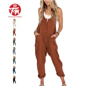 Tanming Women's Linen Cotton Overalls - Sleeveless, Casual Loose Jumpsuits with Adjustable Straps, Pockets, Button Closure, Rust Summer Outfits for Women's Clothes,summerwins
