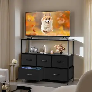 TV Stand for Bedroom, TV Dresser for 45 inches, Media Console Table, Entertainment Center with 5 Fabric Drawers Cabinet and Open Storage Shelf Furniture Cabinet for Living Room, Hallway Tall Dresser Fabric Storage Tower ,Wooden Top for Kid Room, Closet, E