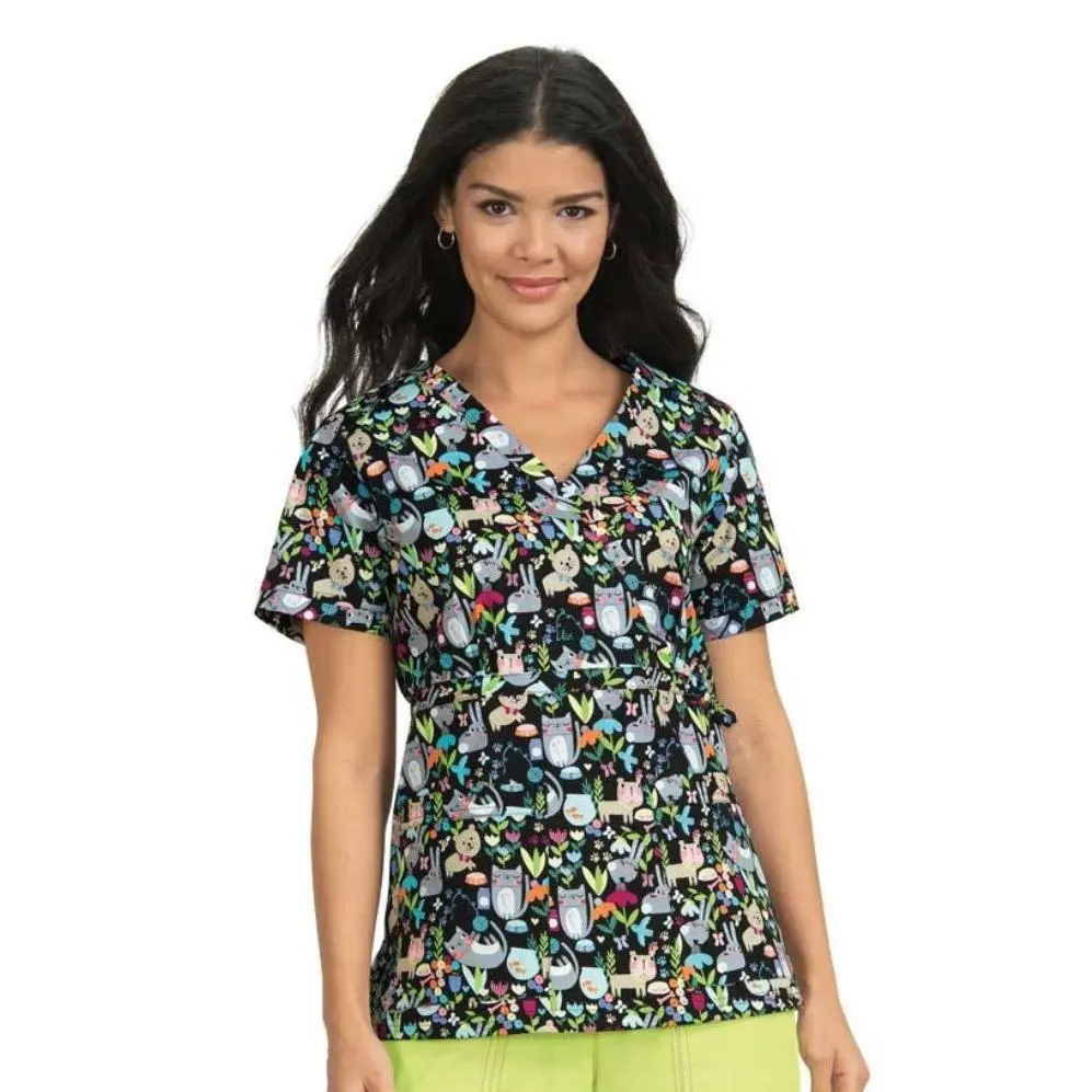 Women's Koi Stretch Luna Animal Print Scrub Top with Belt - Cute Critters Polyester-Spandex Workwear Uniforms, Stretch Fabric, Lightweight, Adjustable, Feminine, Pockets, Mock Wrap Neck, Love
