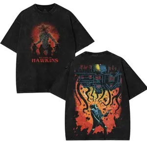 Stranger Things Eddie Munson Upside Down Rocker Double-Sided Washed Cotton Tee – Retro Gaming & Streetwear Essential.