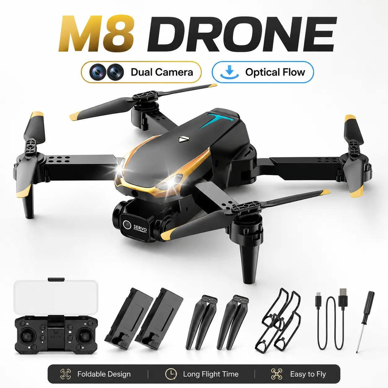 M8 Portable Outdoor Drone Gadget - Wireless Remote Control Plastic Aeroplane with 2 Rechargeable Lithium Batteries, HD Dual Cameras, Collision Avoidance Sensor, 360-Degree Flips, Bluetooth, Motorized Flight Controller, Remote Control Drone
