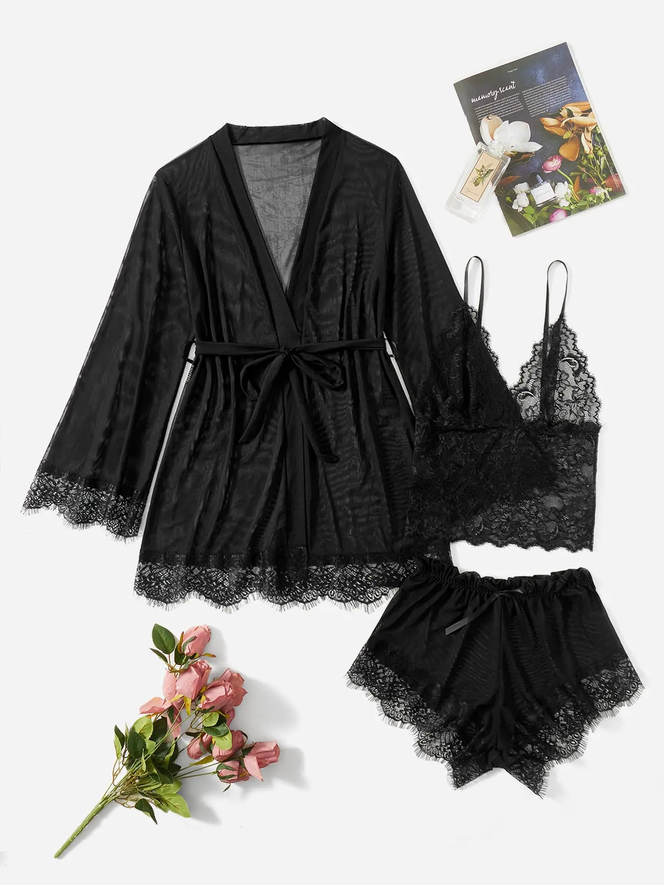 Classic Sexy 4pack Mesh Lingerie Set & Belted Robe
