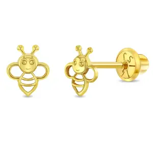 14k Gold Sweet Bee Baby / Toddler / Kids Earrings Safety Screw Back