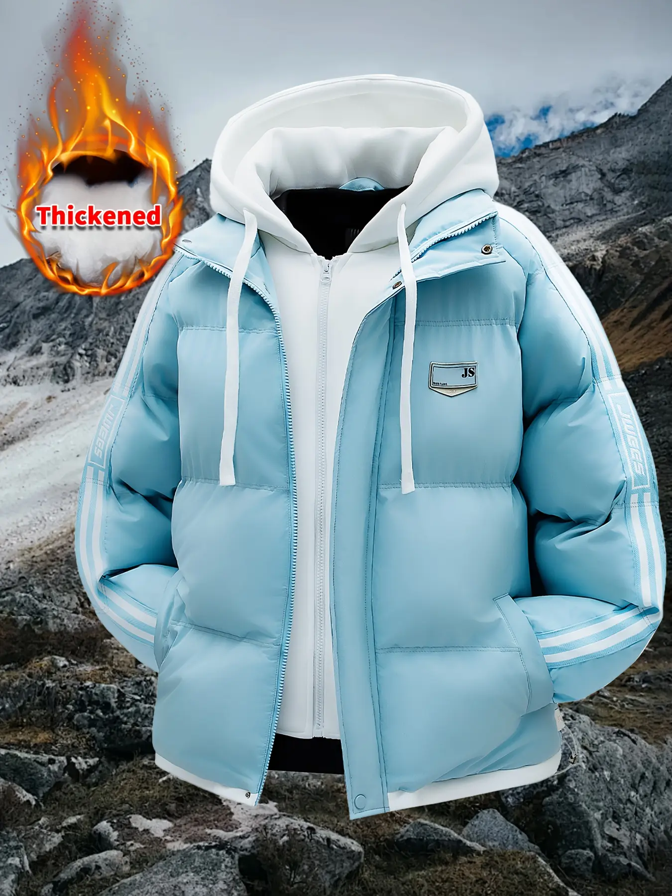 Men’s Winter Hooded Padded Coat - Faux 2-Layer Long Sleeve Menswear Top, Striped Double-Line Accents, Thick Warm Cold-Resistant Fabric, Trendy Casual Versatile Comfort for Daily Wear