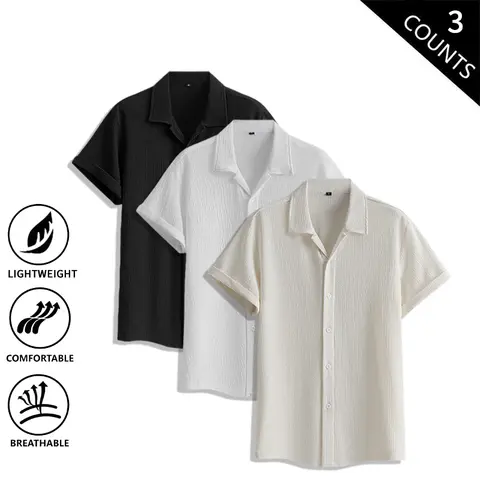 Men’s 3-Pack Cuban Collar Short Sleeve Shirts, Menswear Tops - Lightweight Breathable Crinkle Cotton, Classic Stylish Casual Loose Fit Turn-Down Collar for Summer