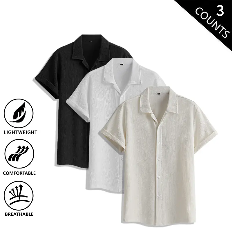 3-Pack Men’s Cuban Collar Short Sleeve Shirts for Summer – Lightweight, Breathable Crinkle Cotton, Casual Loose Fit Turn-Down Collar