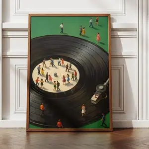 Vintage Vinyl Record Player Wall Art Print, Retro Turntable Dancers Poster, Mid Century Music Decor, Music Lover Gift