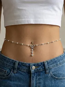 Pearl Waist Chain with Bow Belly Button Ring for Women Sexy Stomach Belly Chains Body Chain Dangle Navel Piercing Waist Jewelry Summer Beach Bikini Accessories Silver Gold