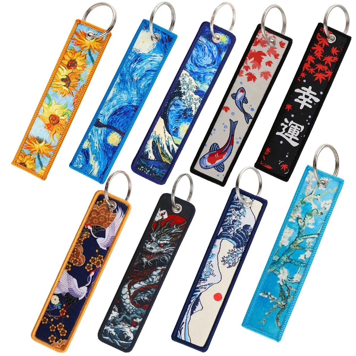 Van Gogh Embroidered Waves Key Tags - Traditional Art Fabric Tag with Multiple Prints, Key Fobs for Cars & Motorcycles, Travel Gift for Cosplay Enthusiasts