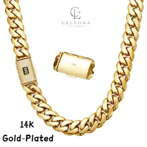 14K Gold Plated Miami   Chain Necklace with Diamond Clasp, Men & Women Hip Hop Jewelry, Stainless Steel, No Fade, 14mm Width, 18"-30" links cuban