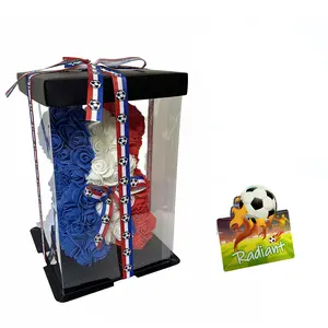 French Rose Teddy Bear Set, Handmade Forever Flowers, Transparent Gift Box, Ideal for World Cup, Graduation, Anniversary, Football Fans