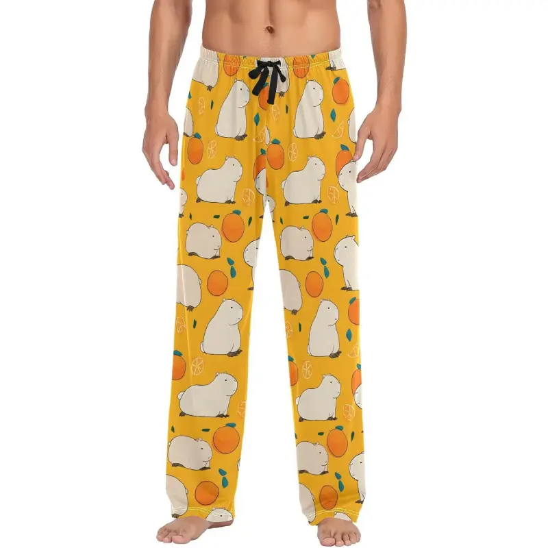 Mens Pajama Pants Orange Capybara Lounge Pants with Pockets Elastic Waist Sleep Bottoms Loungewear Menswear 95% Polyester 5% Spandex Lightweight Soft Breathable Big Casual Pjs for Home Nightwear Day Long Modal Stylish