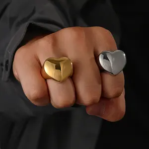 Men's 2-Tone Smooth Heart-Form Stainless Steel Statement Ring - Geometric Cut, Simple Elegant Retro Fashion Jewelry for Daily Wear, Gifting, Party, 2-Tone Statement Ring, Statement Rings, Two Tone Ring