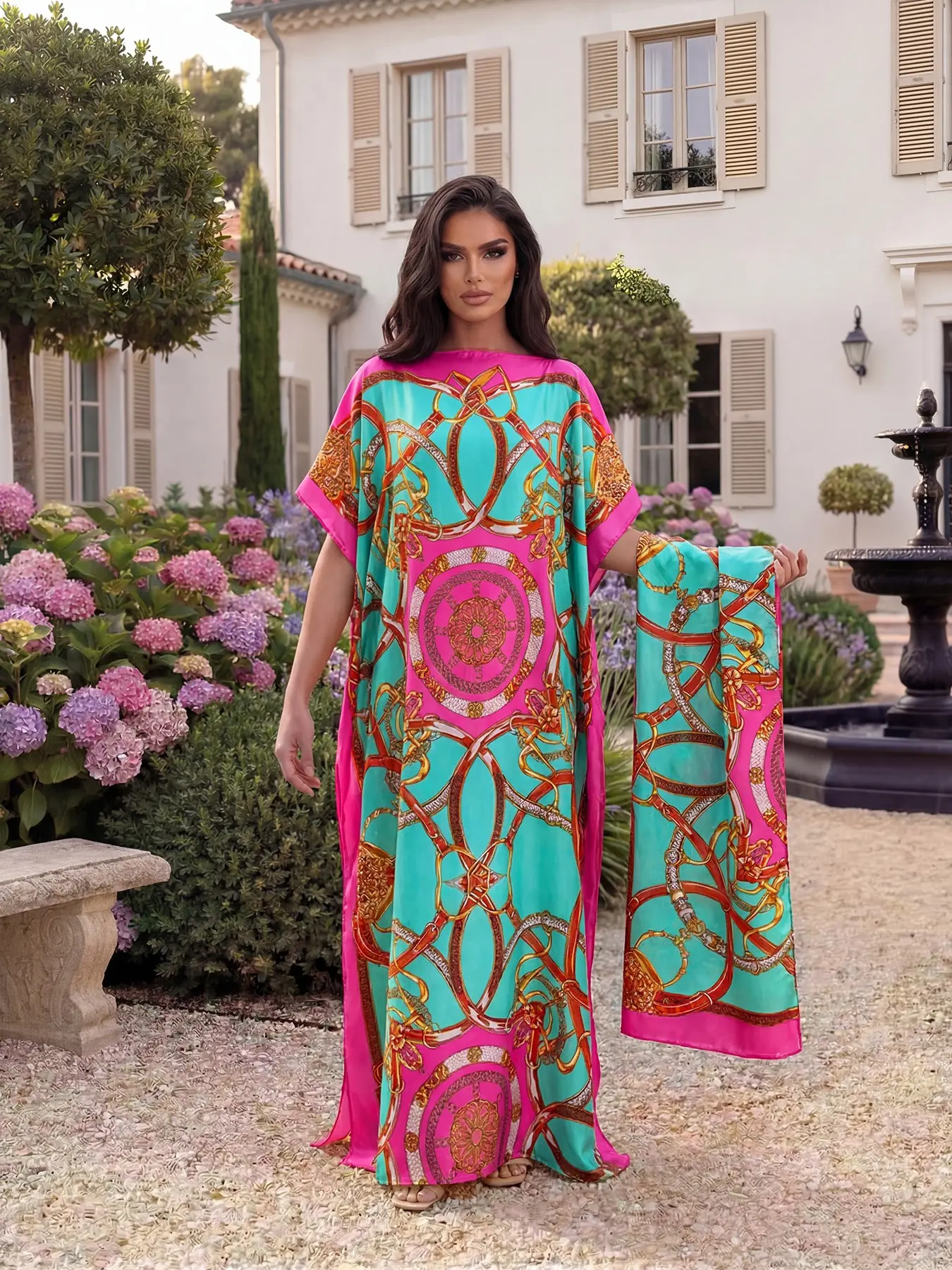 Elegant Dopamine Color Set, Simulated Silk Chain Print Design, Long Dress Robe Pullover Shawl + Long Scarf, Women's Casual Chic Boho Style Beach Sun Protection