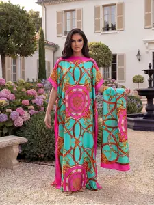 Elegant Dopamine Color Set, Simulated Silk Chain Print Design, Long Dress Robe Pullover Shawl + Long Scarf, Women's Beach Sun Protection