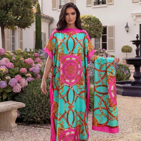 Elegant Dopamine Color Set, Simulated Silk Chain Print Design, Long Dress Robe Pullover Shawl + Long Scarf, Women's Casual Chic Boho Style Beach Sun Protection