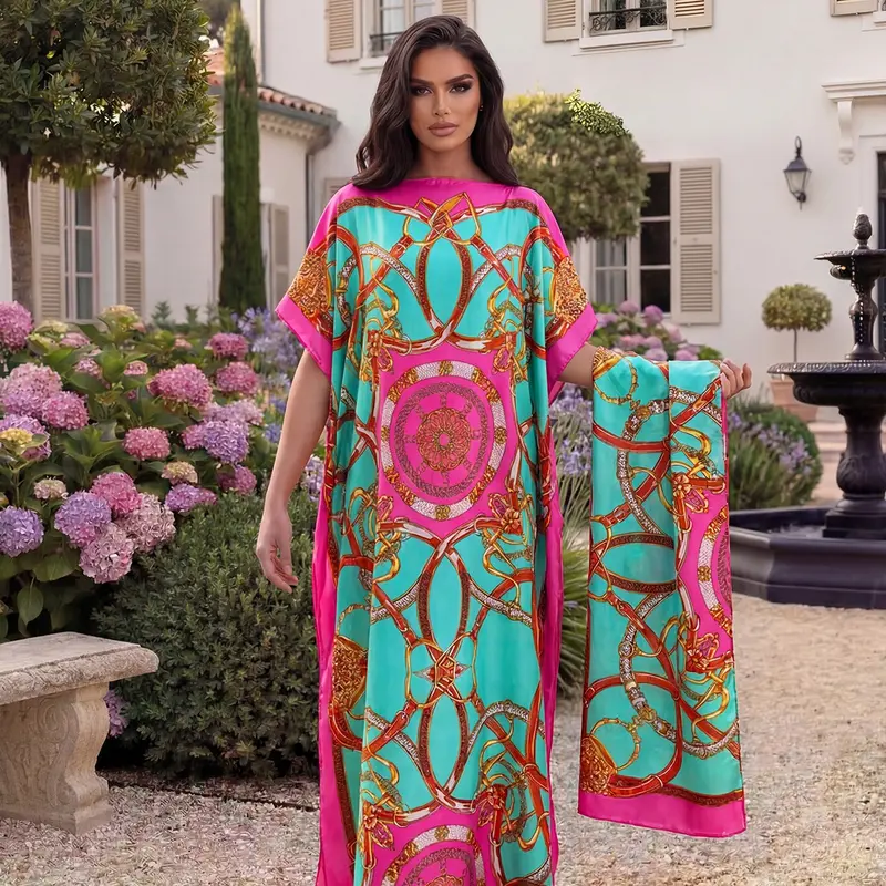 Elegant Dopamine Color Set, Simulated Silk Chain Print Design, Long Dress Robe Pullover Shawl + Long Scarf, Women's Casual Chic Boho Style Beach Sun Protection