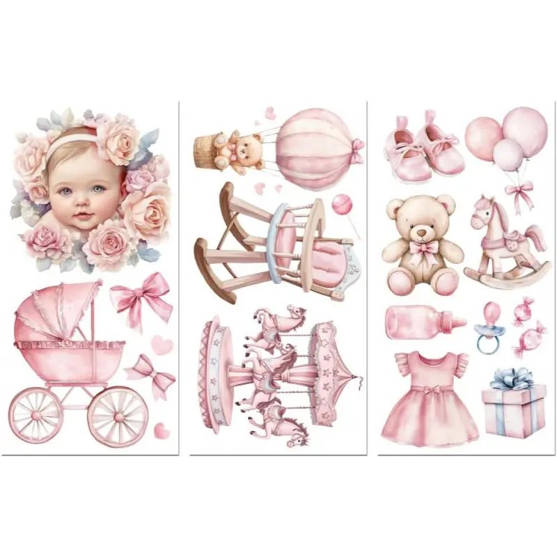 Rub on Transfer Sticker for Furniture Crafts Decor 6"x12" Pink Series, 3Pcs Waterproof UV DTF Transfer for Nursery Lingerie Chests Drawer Dresser Glass Porcelain  Plastic Decor