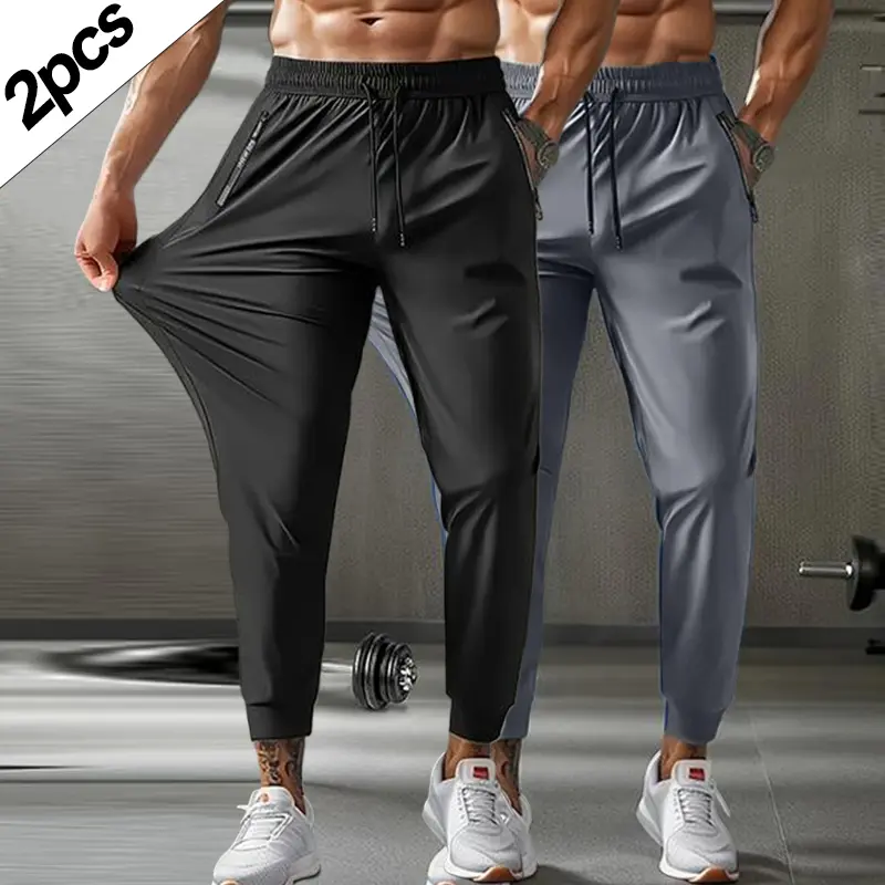 Men's 2-Pcs Ice Silk Jogger Cropped Pants, All-Season Lightweight Stretch Fabric, Drawstring Waist, Zipper Pockets, Menswear Activewear Sportswear for Gym Athletic Use