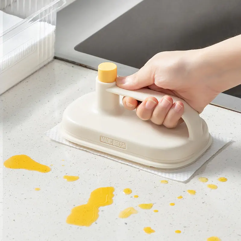 Magic Cleaning Tool With Replaceable Disposable Scrub Pads. Perfect For Large Surfaces Including Countertops, Glass And Floors. Touch-Free Pad Change Design. Great For Bathroom And Kitchen Cleaning.