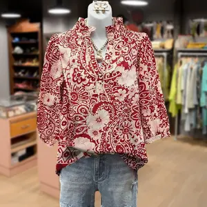 Cherrybetty Vintage Floral Print V-Neck Puff Sleeve Tops for Women Going Outfits Blouses Women Vintage 90s Tops Funny Shirts Women Elegant Classy Tops Blouse Fashion Red Breathable Paisley women's summer outfits light boho flowy tops for Teachers and Moms