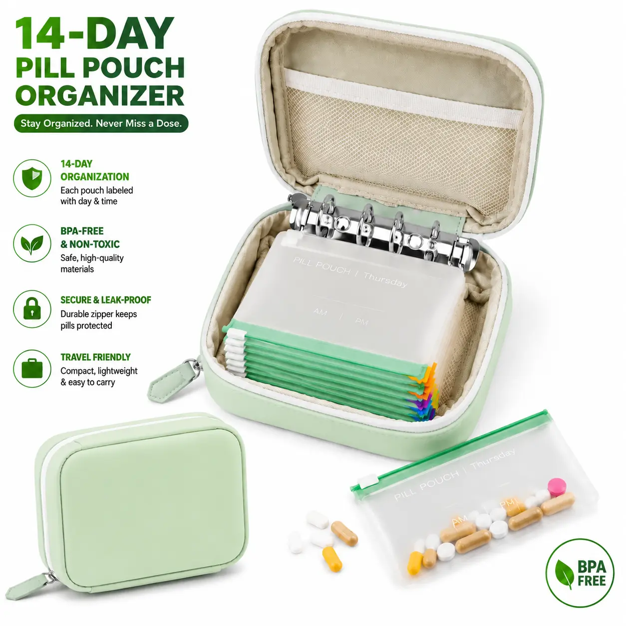 Portable Travel Pill Organizer with 14 Color-Coded Pill Pouches Waterproof BPA Free Medication Storage Case for Daily Vitamins Medicine Home Outdoor WorkMulti-use for Jewelry Earbuds Small Accessories