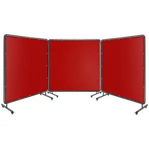 Red 3-Panel Vinyl Welding Safety Screen, 6 x 6 ft Size with Sturdy Frame, Transparent Flame-Proof Panel and Lockable Swivel Wheels, Ideal Workshop Welding Protective Partition