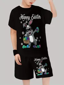 Boys' Summer Festival Set, Children, Background Sunglasses Rabbit Egg Pattern, Casual Fitted Style, Perfect for Outdoor Wear