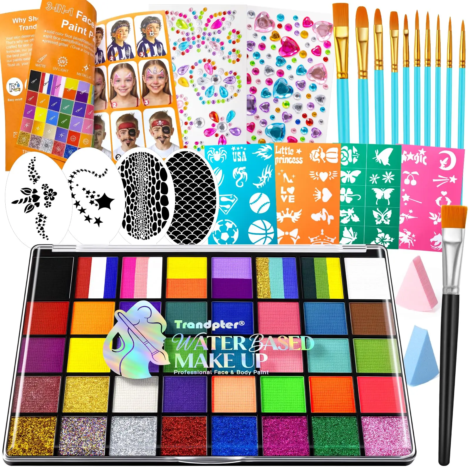 Face Painting Kit for Kids - 40 Color Pro Facepaint Palette Non-Toxic Water Activated, Complete Kit with Brush, Stencil, Sponge, for Birthday Parties, Carnival, Costume Makeup, Festivals & Events