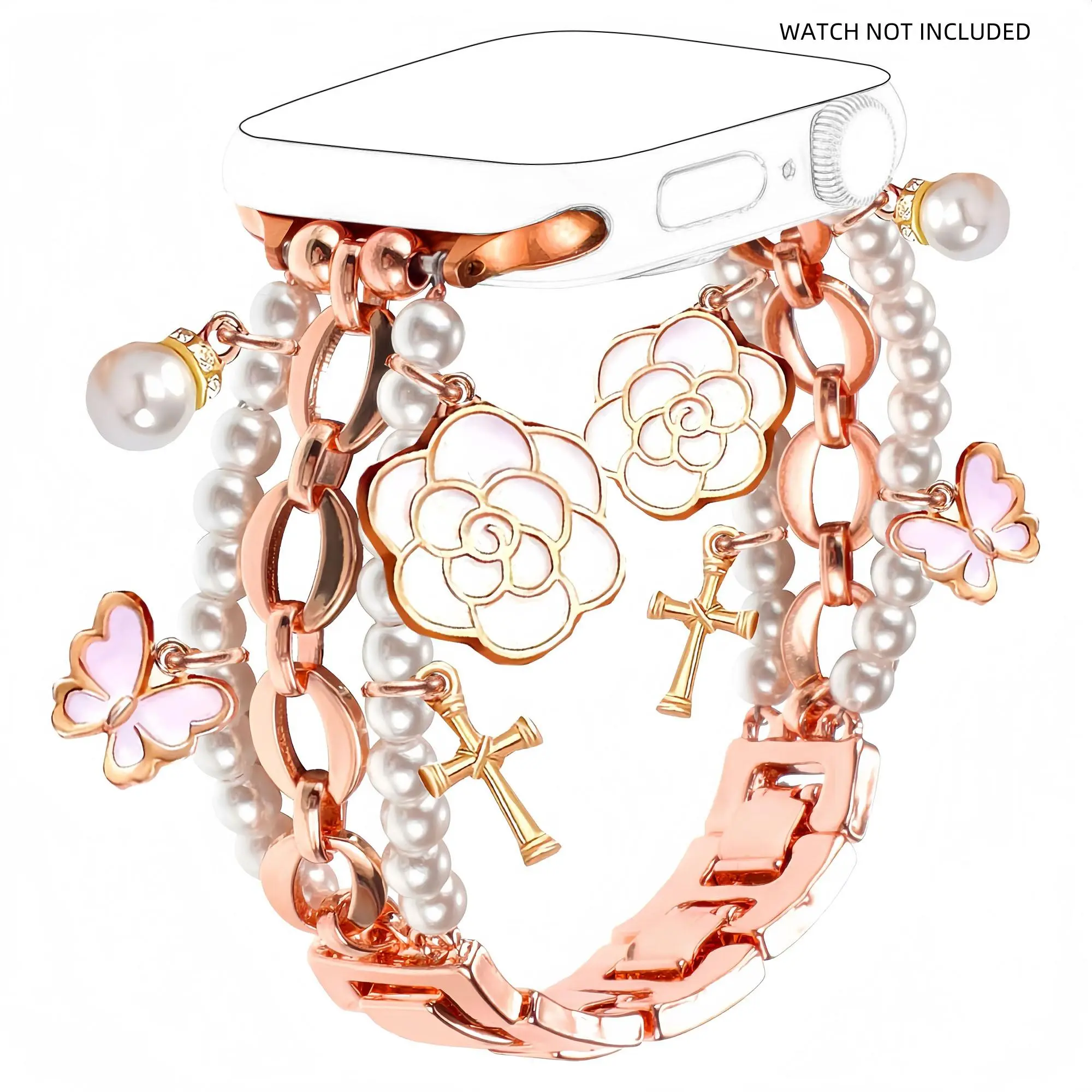 Stylish Pearl Beaded Flower Metal Apple Watch Band for Women, Wearable, Adjustable, Compatible with 38 40 41 42 44 45 46 49mm, Features Gorgeous Pendant, Fits Iwatch Series 10 9 8 7 6 5 4 3 2 Se Ultra 2, Birthday, Anniversary