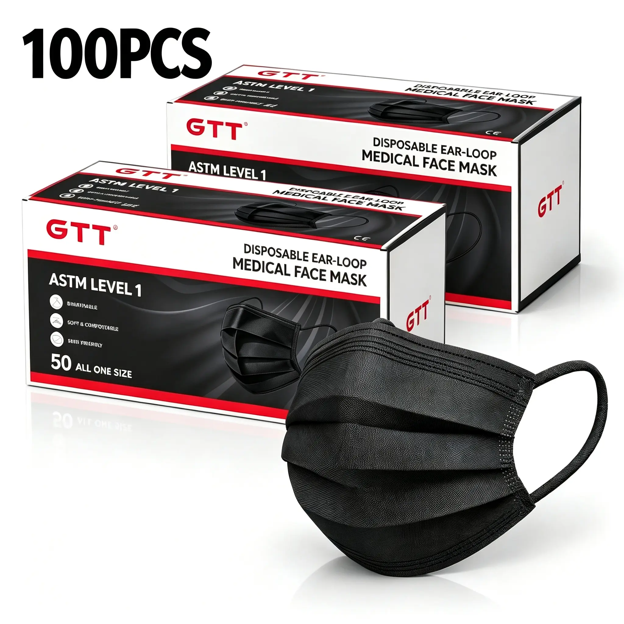 100 PCS Black Disposable Face Masks, 3 Ply Breathable Masks with Nose Wire and Soft Ear Loops, Comfortable Daily Use
