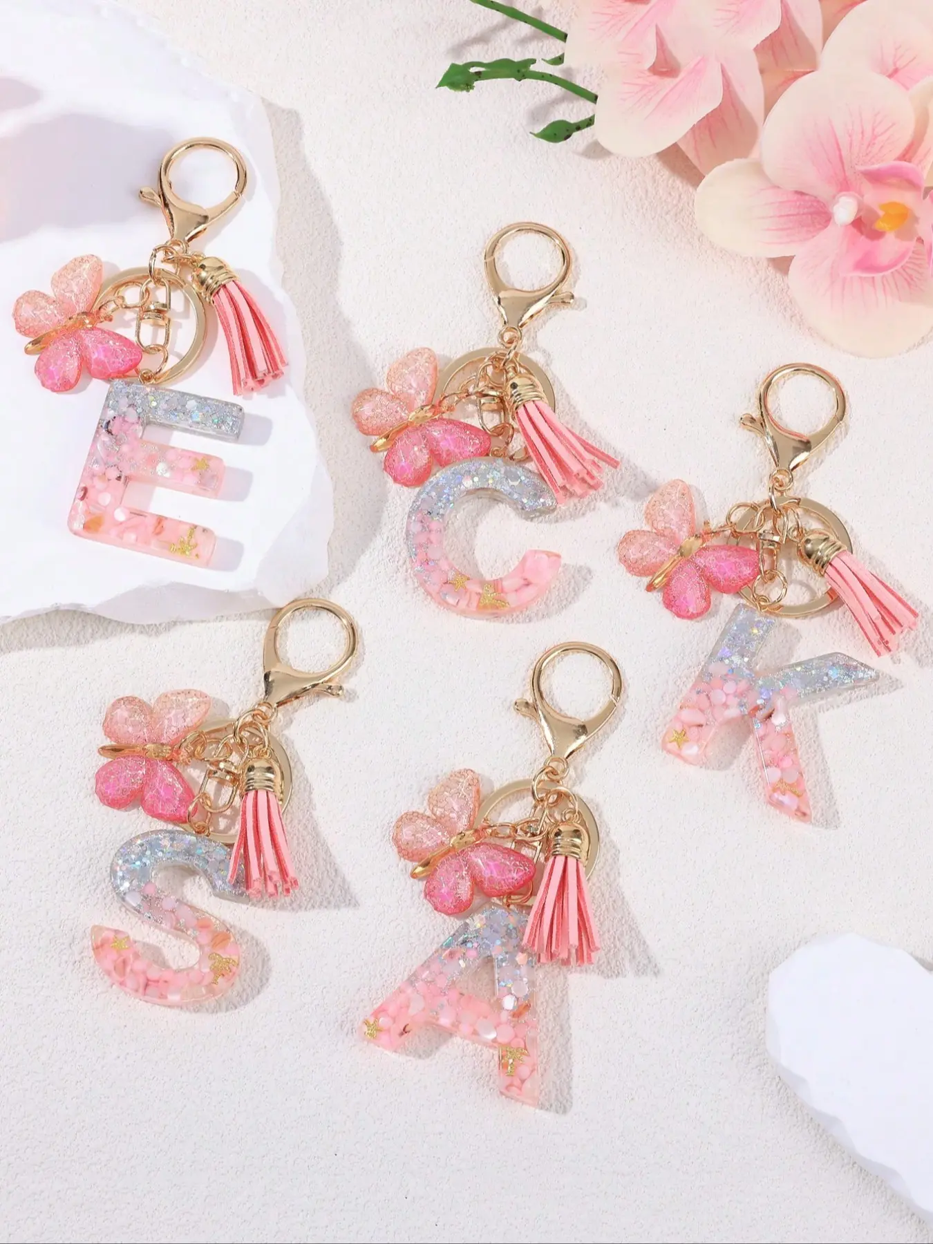 Personalized Bling Monogram Keychain For Women - Resin Letter Charm With Silvery Glitter, Pink Pebble & Gold Star Shaker - Birthday Gifts For Her, Anniversary Present With Pink Tassel & Butterfly Accent Car Accessories Bag Charm School