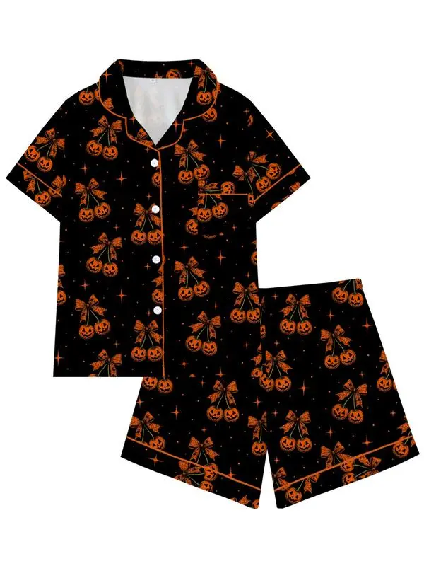 Goth Skeleton Pajamas for Women, Creepy Cute Print PJ Set, Short Sleeve Sleepwear, Black Trim Loungewear, Halloween Gift