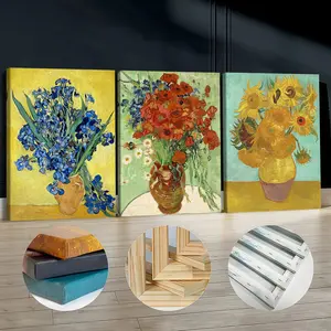 3Pcs Wooden Framed Canvas Painting, Van Gogh Irises Poppies Sunflowers Triptych, Exquisite Poster, Home Decoration, Pattern Wall Art Decor, For Living Room, Bedroom, Office, Restaurant, Bar Wall Decor, Odorless, Painting, Print Artwork.