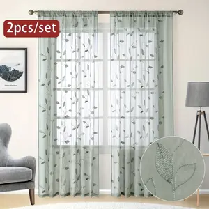 2pcs Garden Style Embroidered Leaf Pattern Sheer Curtains, Rod Pocket Polyester Drapes for Bedroom, Living Room, Kitchen - Machine Washable, All-Season Decorative Window Treatments, Semi-transparent, Bathroom