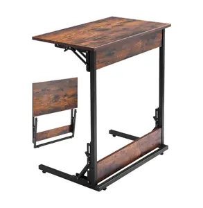 C Table, Folding C Shaped End Table, Metal Frame Adjustable Feet, Foldable Side Table for Living Room Bedroom Office, 23.62 x 14.57 x 27.56 inch, Brown & Black Default