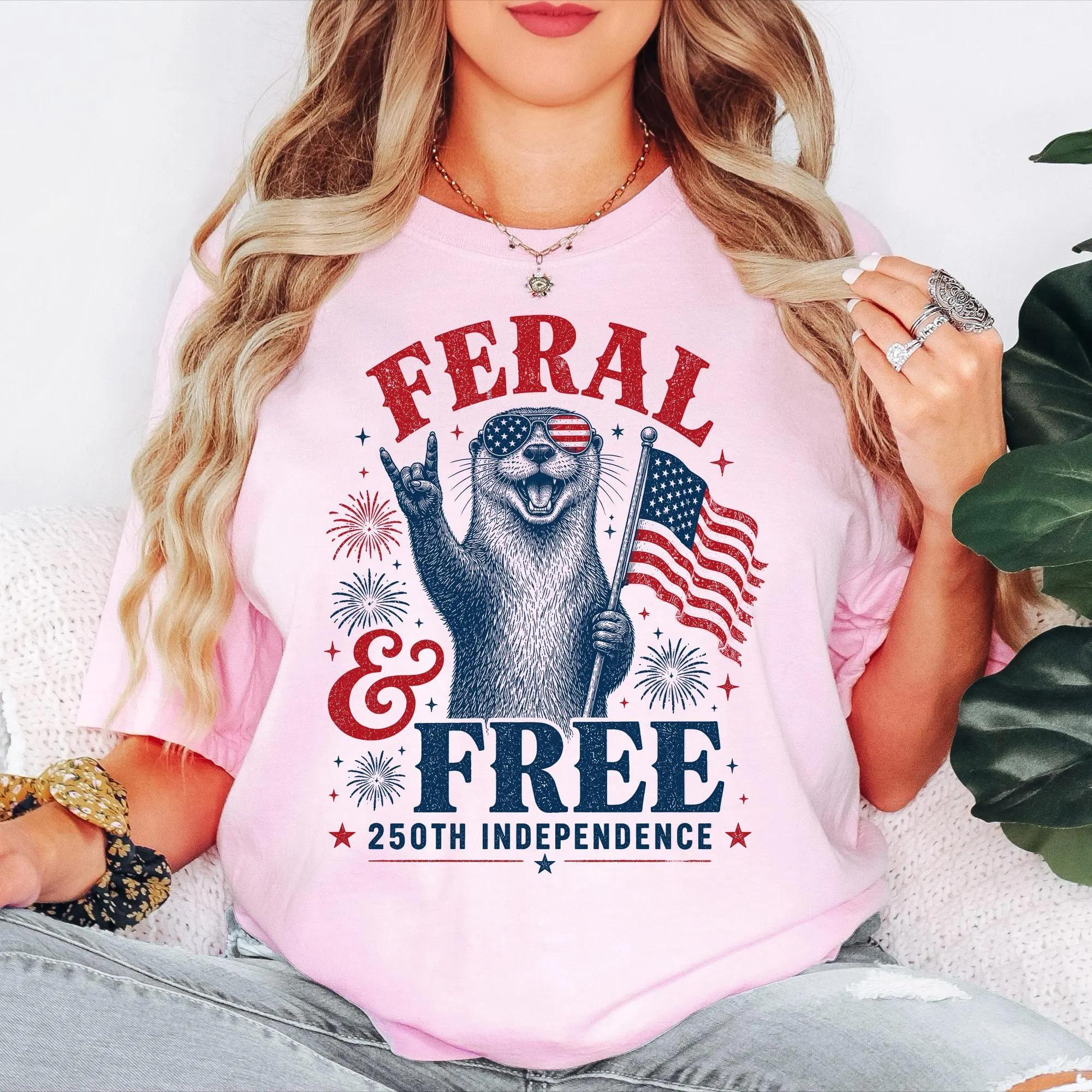 Comfort Colors Feral and Free Otter Shirt, 250th Independence Day Graphic Tees, Patriotic Animal Tee, 4th of July Shirt, Funny USA Flag Gift, Sarcastic Patriotic Comfort Colors Shirt