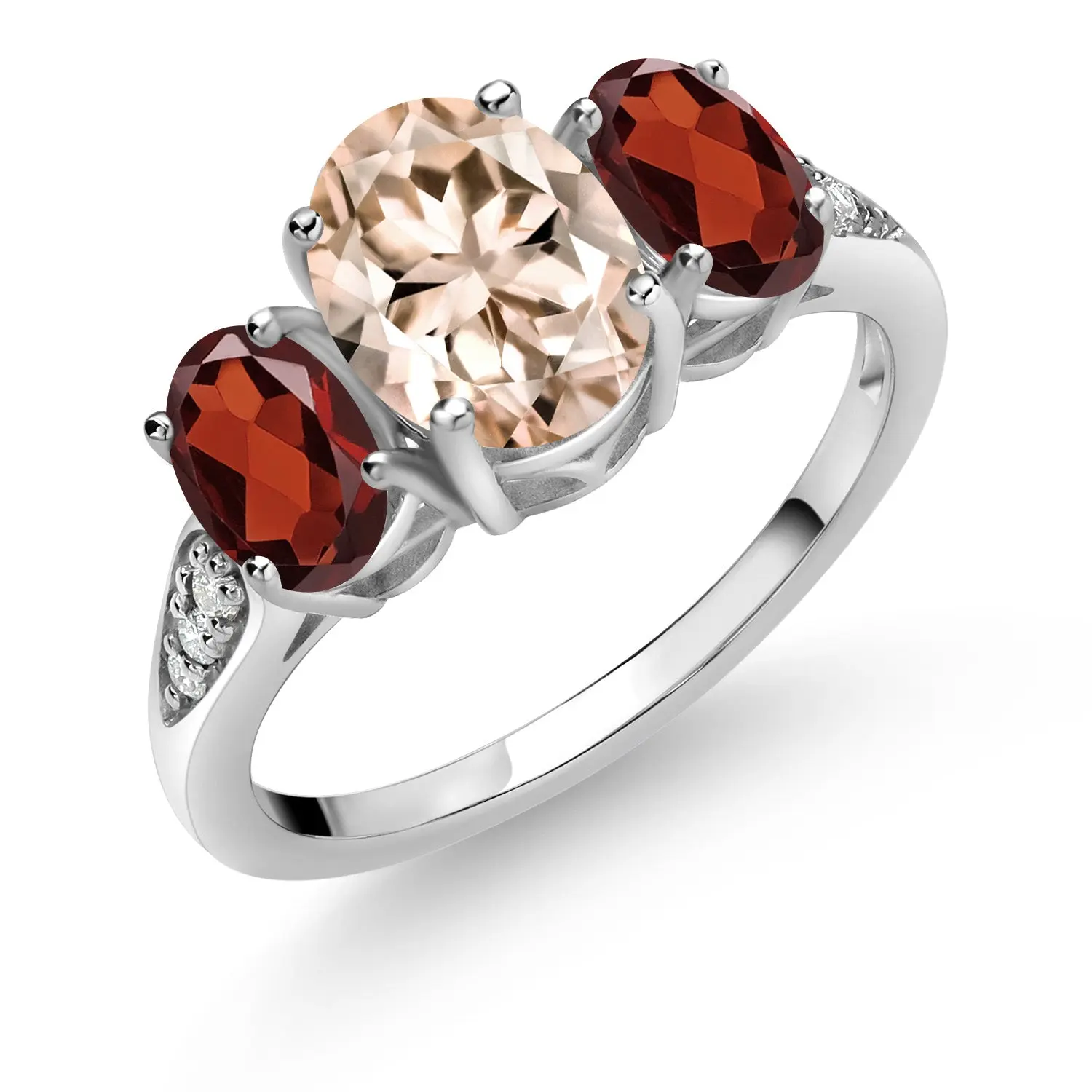 10K White Gold 3-Stone Engagement Ring for Women | Gemstone Birthstone and Morganite and Lab Grown Diamond | Oval 8X6MM 6X4MM | Wedding Anniversary Ring