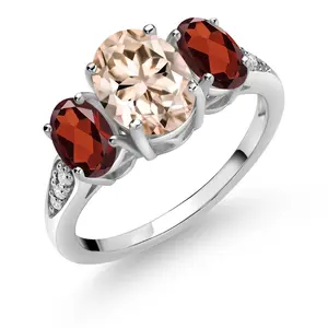 10K White Gold 3-Stone Engagement Ring for Women | Gemstone Birthstone and Morganite and Lab Grown Diamond | Oval 8X6MM 6X4MM | Wedding Anniversary Ring