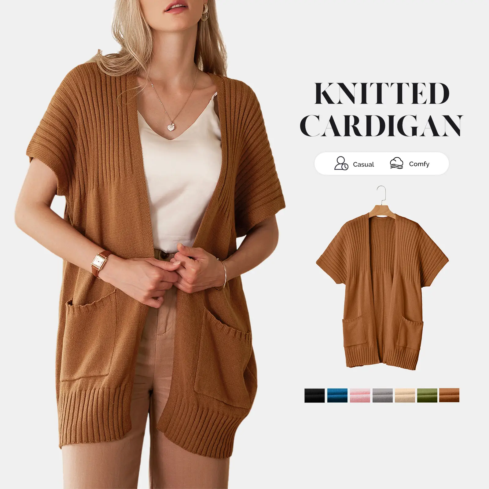 Shewin 2025 Women's Fall Clothing Oversized Lightweight Open-Front Pleated Short-Sleeve Knit Cardigan Acrylic Fabric Casual Chic Layering for Daily We