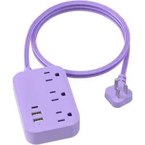 Purple Extension Cord with 3 Outlets & 3 USB(1 USB C), Cute Small Extension Cord 5ft, Travel Power Strip Flat Plug with USB  Station, Compact for Cute Purple Kawaii Lavender Desk Accessories