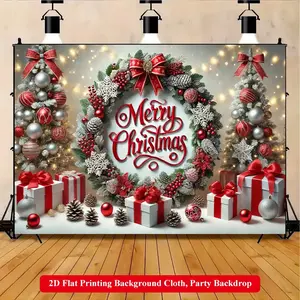2D Flat Printing Backdrop Banner 1pc, Christmas Wreath With Red Gifts Vibrant Polyester Background Cloth for Family Party, Wedding, Birthday, Christmas, Thanksgiving, Fall, Entryway, Room Decorations, Party Decorations Banners, Easy to Set Up, Reusable