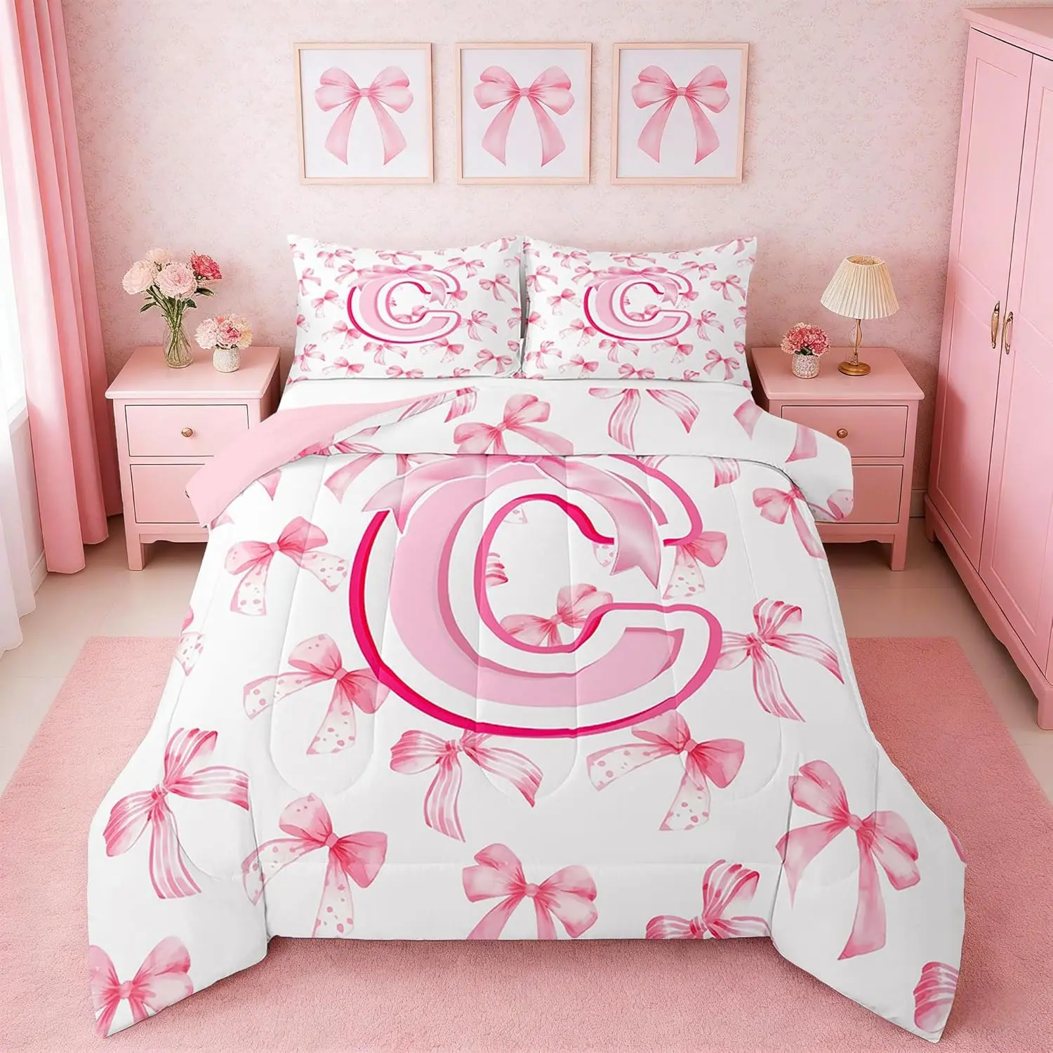 Kids Cute Pink Bow Comforter Set Coquette Bow Knot Bedding Set Ultra Soft Personalized Initial C Duvet Quilt Monogrammed Quilt Set Room Decor Modern Fashion Comforter