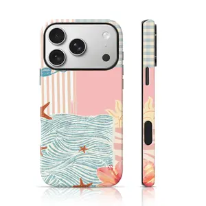 Coastal Patchwork Starfish Hibiscus Print Design Phone Protector 2 in 1 Case for iPhone 17 Pro Max/16 Pro Max /15Pro Max 15/14/13/12 & Samsung S26 /S25Ultra Fashion Phone Case