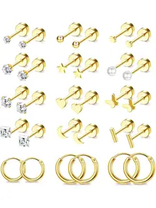 Simple 15 Pairs Golden Small Hypoallergenic Flat Back Stud Earrings 304 Surgical Stainless Steel Earrings for Women Men Tiny Stud Earring Screw Back Cartilage Earring Set for Multiple Piercings