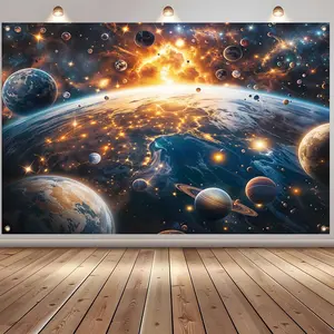 Space Planet Pattern Photo Backdrop, 1 Count Outer Space Planet Pattern Backdrop, Photo Background for Graduation Party, Home Decor Banner