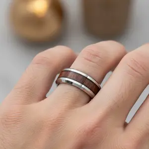 Wood Ring Polished Tungsten Ring Mahogany Wood Inlay Beveled Edge Unisex Comfort Fit Gift Wedding Band Wood Inlay Anniversary Band Men's Engagement Ring 8mm Wood Ring