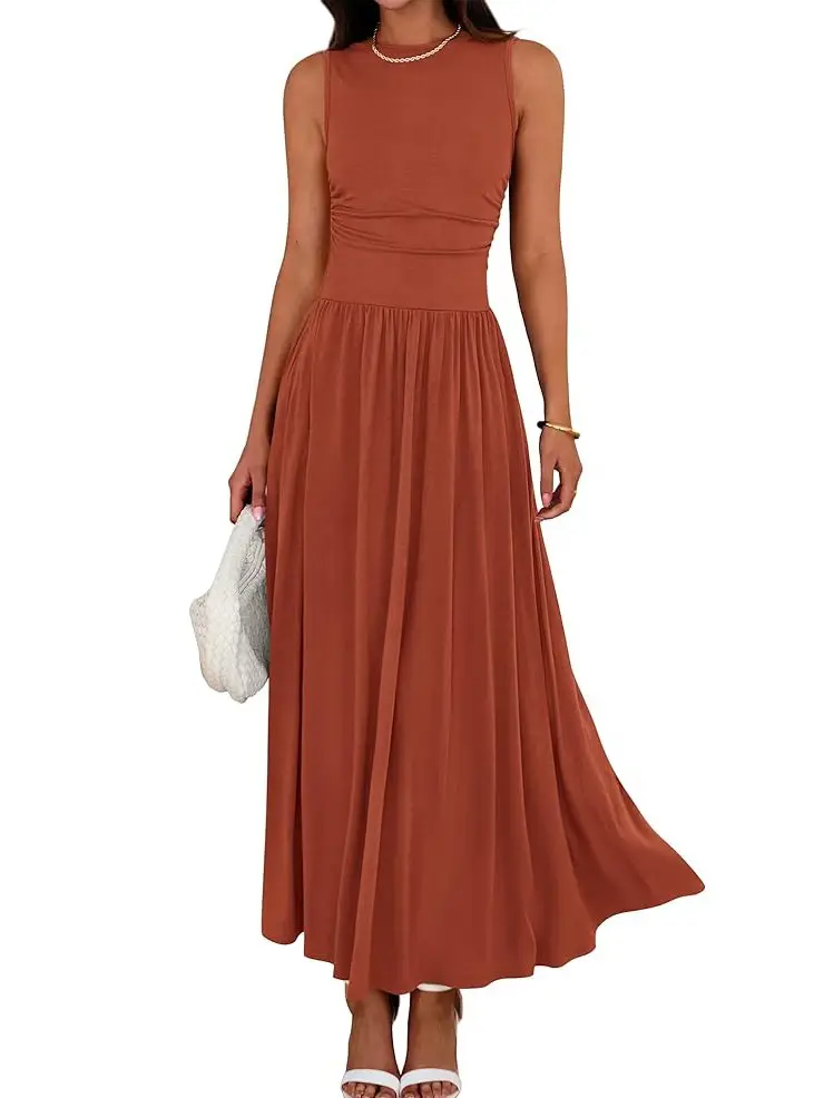 BTFBM Women's Sleeveless Maxi Dresses Crew Neck High Waisted Patchwork Ruched Tank Formal 2025 Summer Dress With Side Pockets