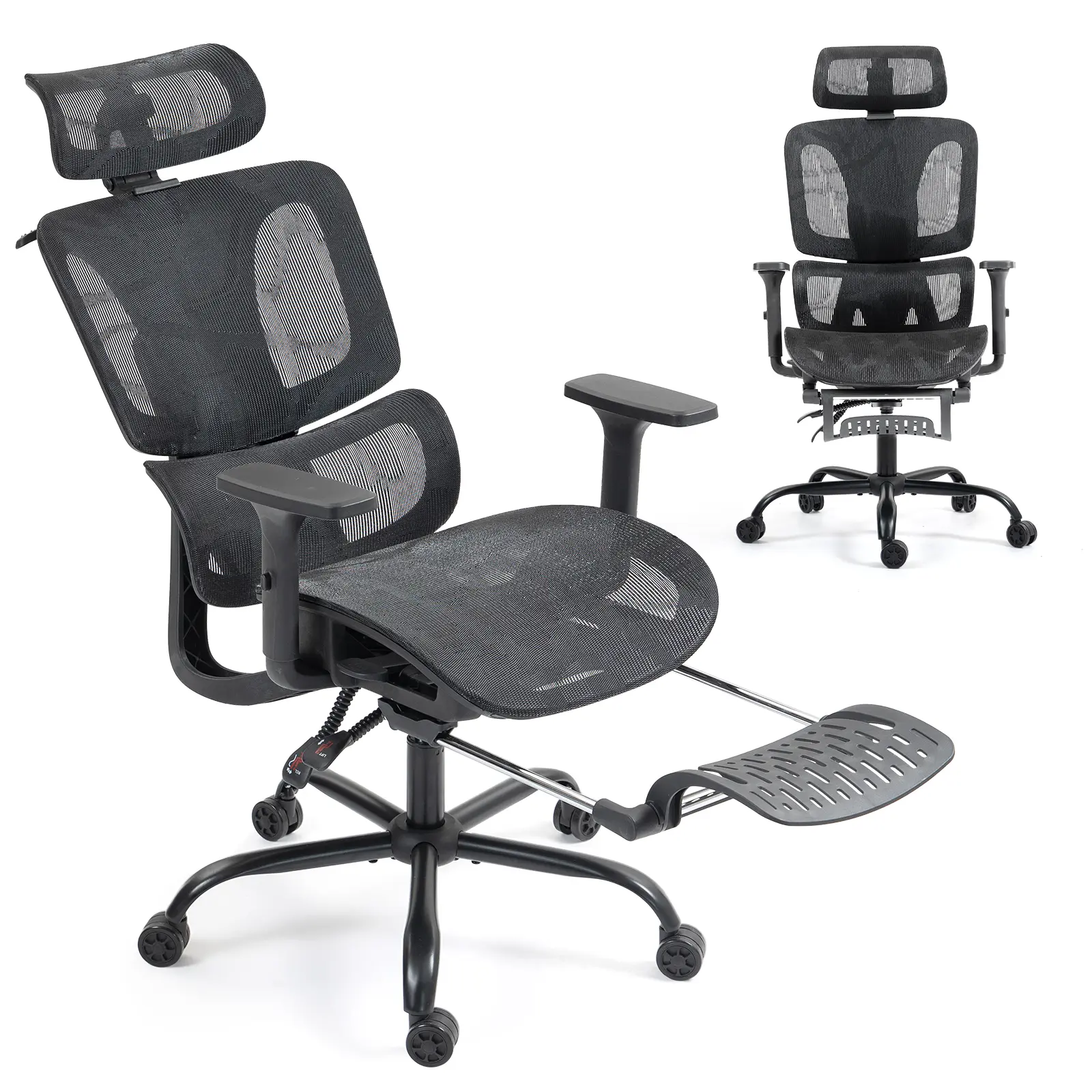 EROmmy Ergonomic Mesh Nylon Rolling Office & Gaming Chair - 3D Plastic Armrests, Height-Adjustable, Rotating Wheels, Lumbar Support, Adjustable Headrest, Foldable Footrest, Reclining High-Back Seat for Home Adults, Black Office Chairs, Ergonomic Office Ch
