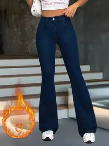 Women's Elastic Denim Jeans, Simple Multi-Process Deep Blue Fleece Lining, Casual Slim Fit Flare Long Pants, Fall Winter Essential